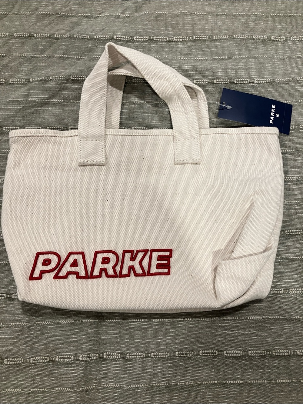NWT Parke White Canvas Mini Tote with Red Embroidered Logo